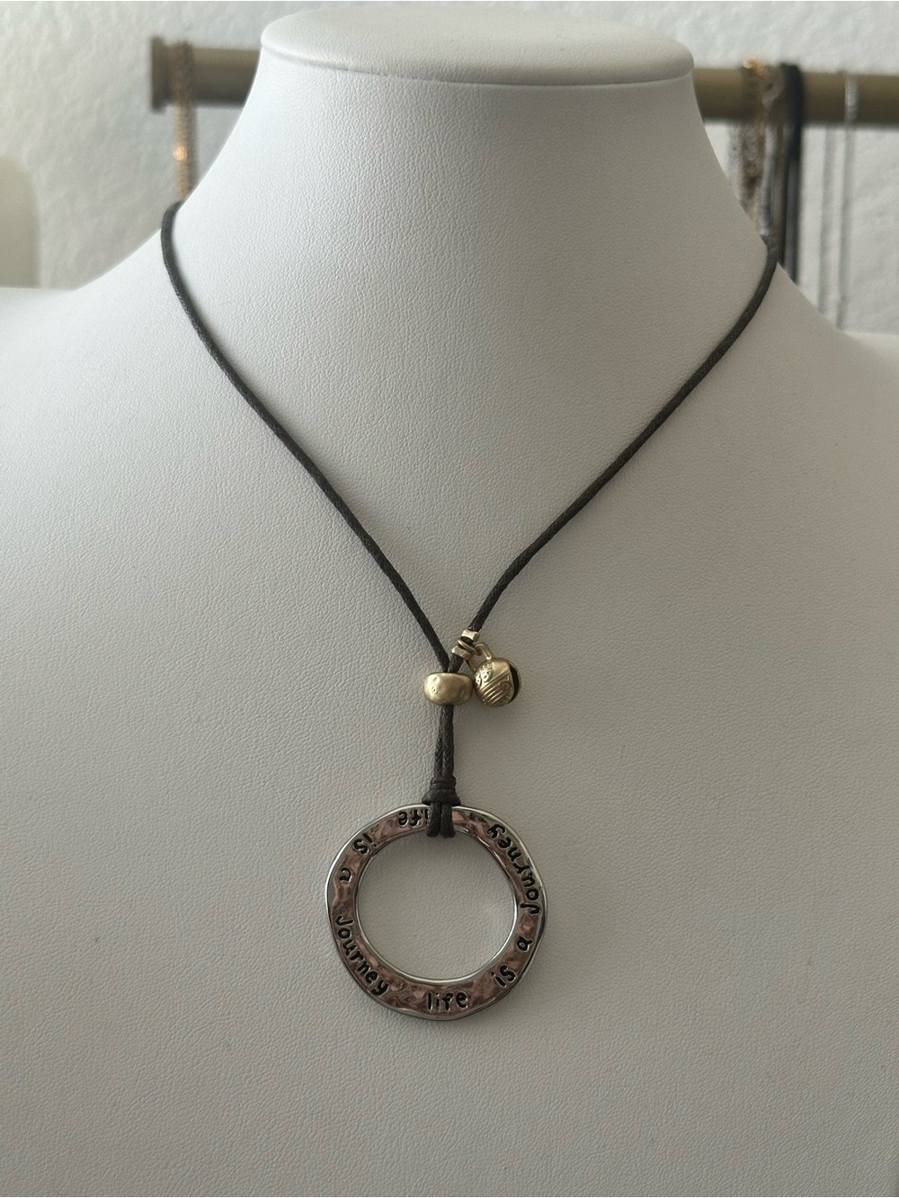 Chicos Silver Tone Inspirational Ring Pendant Necklace with Cord NWT